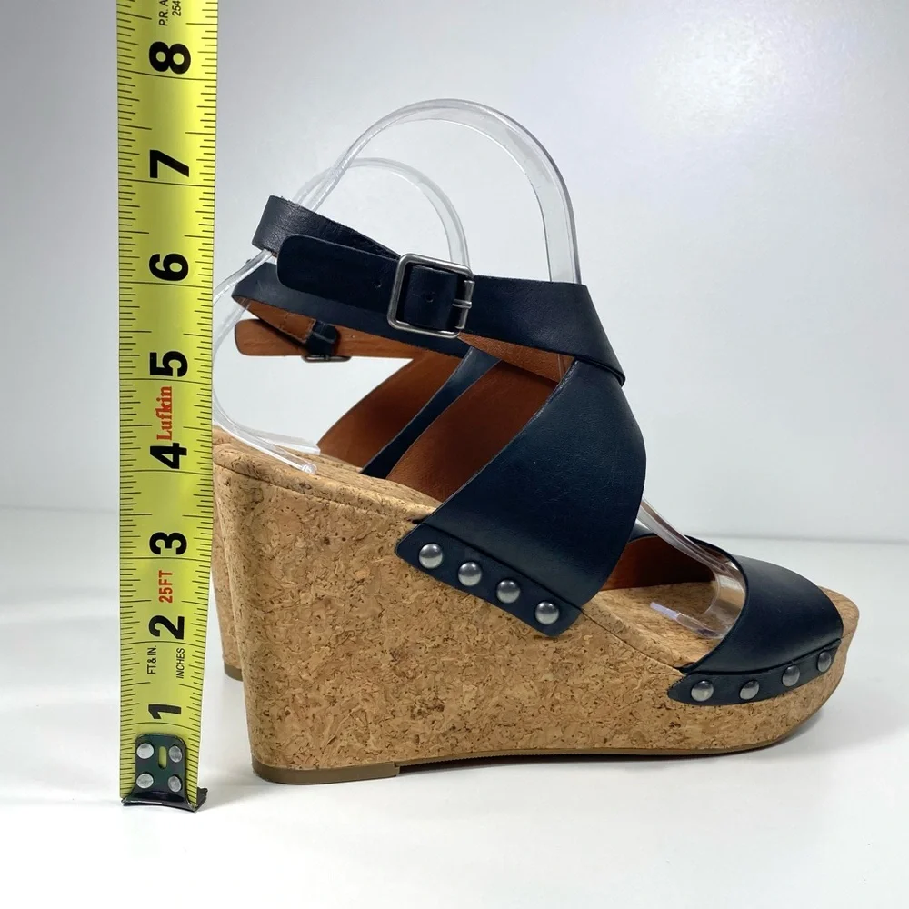 Lucky Brand Missy Black Leather Strappy Studded Cork Platform Wedge Sandals 10